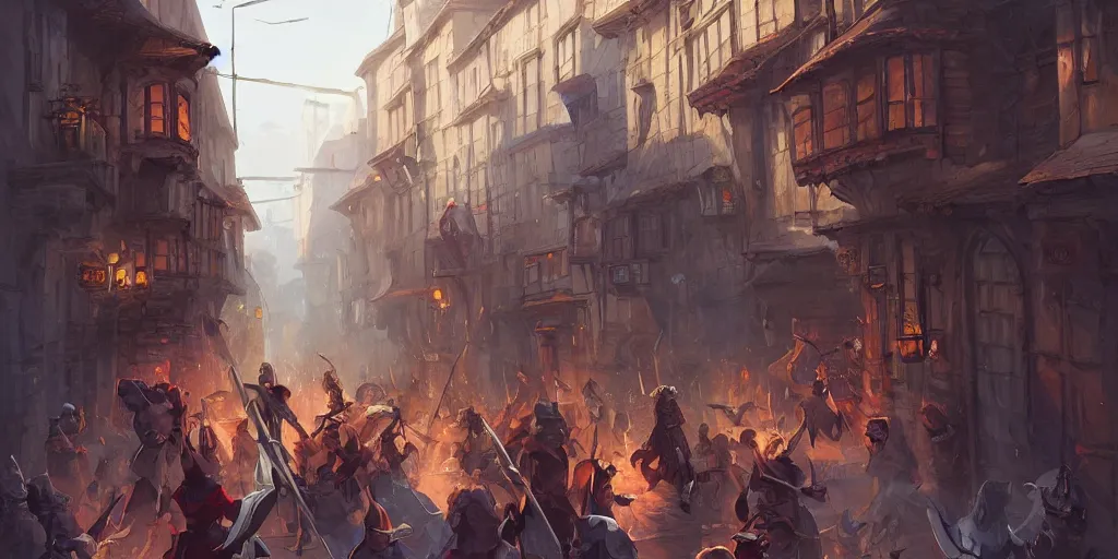 Prompt: an exciting fantasy street battle within a fascinating old city, narrow streets, old buildings, by Sylvain Sarrailh, cinematic, simple but effective composition, clean lines, beautiful digital painting, oil painting, great character design, dungeons and dragons, lord of the rings, close up character, fantasy races