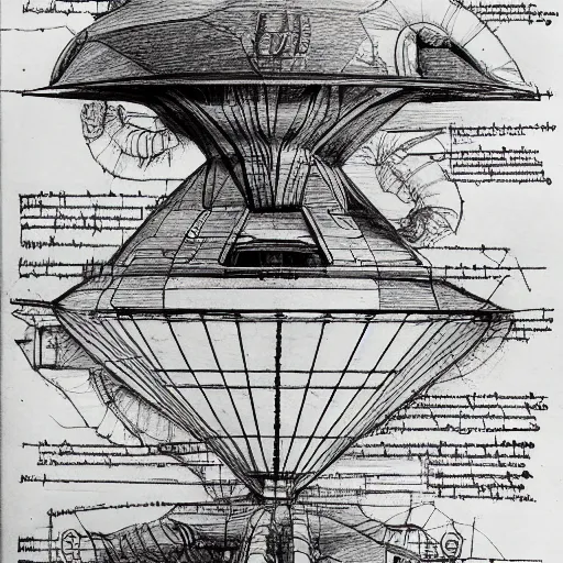 Prompt: various sketches of an alien spaceship in the style of leonardo da vinci, ultra detailed, scribbles, technical drawing, engineering blueprints