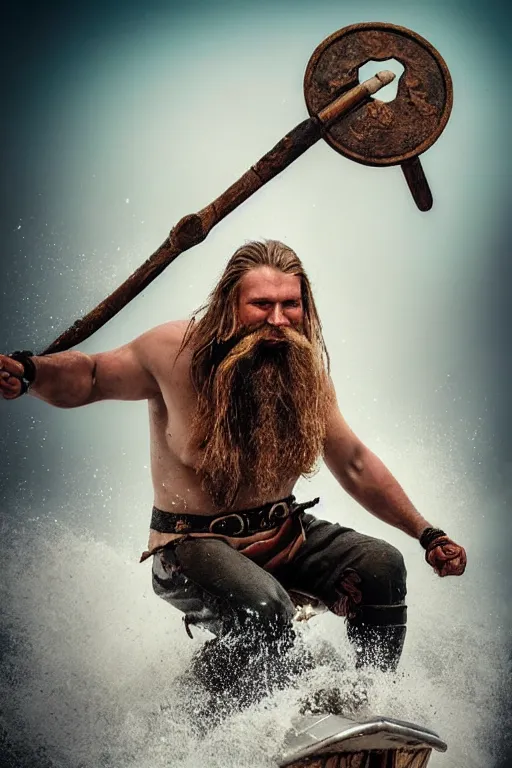 Image similar to old vintage full body photo of ancient viking warrior with full beard on the complex complex steam punk jet ski with antigravity engine during big viking event, extreme sports photography ,super high speed photography, dynamic photography,symmetrical face, clean face, muscular body, high speed,dirt and grawel in air, lens flares, dust partiles in the air, dramatic lighting, intricate, highly detailed, centered, smooth, sharp focus, sports photography, old photo, black and white, sepia, cinematic lighting, cinematic angle, national geographic