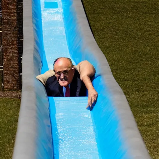 Prompt: rudy giuliani sliding down a waterslide