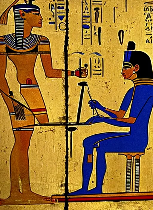 Image similar to ancient egypt painting of man using computer, 4 k, high quality, sharp fucos