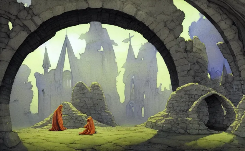 Image similar to a hyperrealist watercolour concept art of a dimensional time portal in the shape of a ruined arch. a medieval monk in grey robes is in the foreground. a ufo is in the background. very muted colors, post grunge, by rebecca guay, michael kaluta, charles vess and jean moebius giraud. high detail, hq, wide shot, 4 k