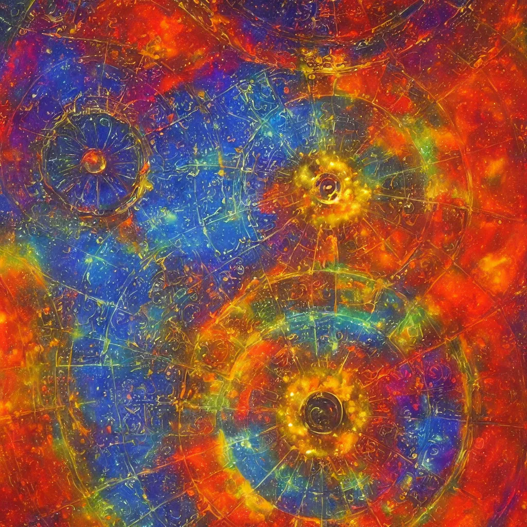 Image similar to great wheel cosmology divine realms celestial and infernal essence lunar mythos solar mythos, award winning painting, brilliant color palette
