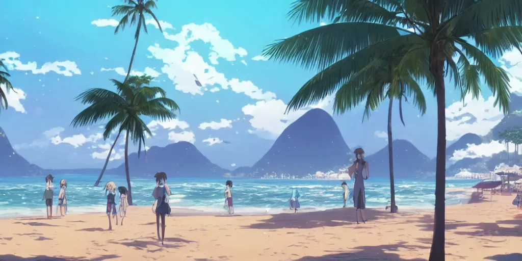 Image similar to a beach in rio de janeiro in an anime film, directed by makoto shinkai, cinematic, key visual, highly detailed, sharp focus