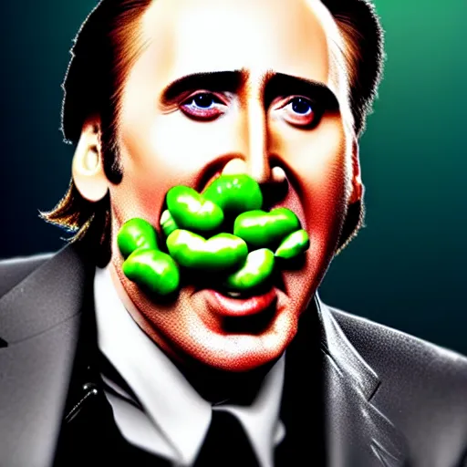 Prompt: nicolas cage screaming mouth full of peas