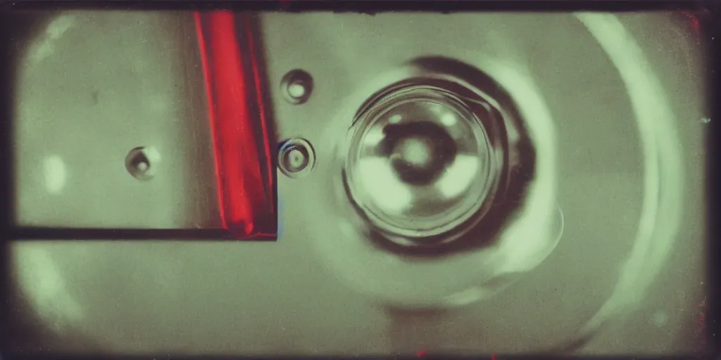 Prompt: analog vintage photography portrait polaroid of a futuristic chrome cog, red color bleed, heavy film grain, bloom, glow