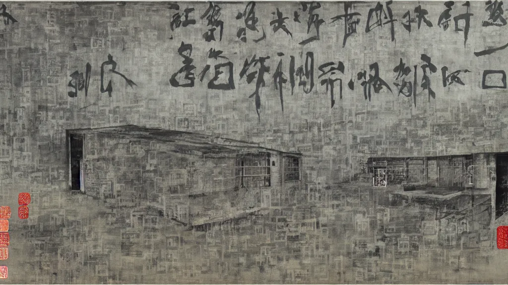 Image similar to a chinese prison near a river by peter doig, muted grey colors, overlaid with chinese letters