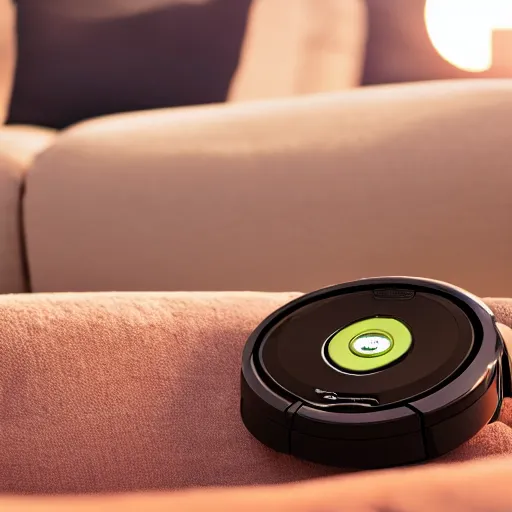 Image similar to roomba chilling on the couch, sunset