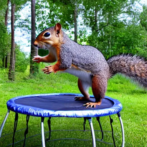 Image similar to a photo of a cute squirrel jumping on a trampoline