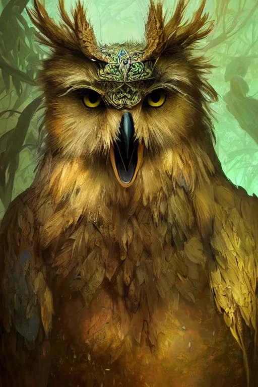 Image similar to a beautiful upper body shot from a fantasy film of a humanoid iridescent green owlbear wearing a loose tunic. an anthropomorphic owlbear. fantasy, frown, intricate, elegant, highly detailed, digital painting, artstation, concept art, matte, sharp focus, illustration, art by artgerm and greg rutkowski and alphonse mucha