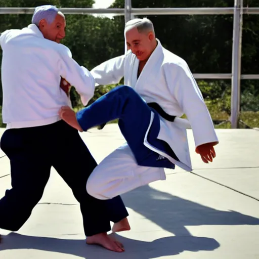 Image similar to benjamin netanyahu judo flipping a kid