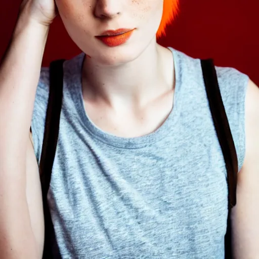 Image similar to close up of face of good looking 1 9 year old pale woman with blue eyes, no makeup, freckles, strong jawline, skinny, short straight orange hair in a bob style, red t shirt, color portrait, flash photography 4 k