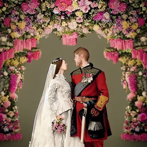 Image similar to A Russian and Japanese mix historical fantasy of a photograph taken of the royal wedding floral covered isle inspired by a enchanted ethereal forest, 1907 photo from the official wedding photographer for the royal wedding.