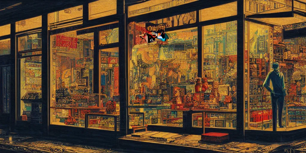 Image similar to s shop window in hong kong, by dan mumford and peter doig and edward hopper, heavy black lines, highly detailed, dramatic lighting, 8 k