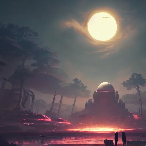 Image similar to beautiful landscape, nier automata, protoss temple!!!, machine planet, pink sun, advanced technology, cinematic lighting, highly detailed, masterpiece, art by bastien grivet