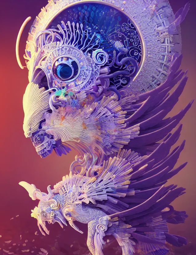 Image similar to 3 d goddess close - up profile solarpunk portrait ram skull. beautiful intricately detailed japanese crow kitsune mask and clasical japanese kimono. betta fish, jellyfish phoenix, bio luminescent, plasma, ice, water, wind, creature, artwork by tooth wu and wlop and beeple and greg rutkowski