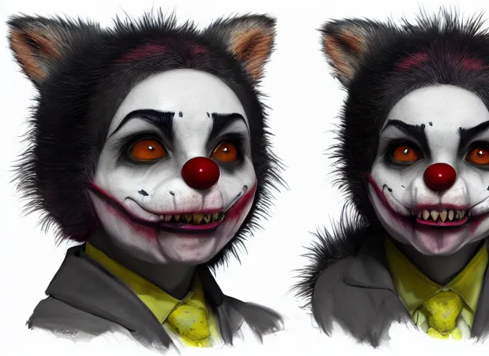 Image similar to award - winning detailed concept art of a creepy clown anthropomorphic raccoon character wearing clown makeup face paint. art by wlop on bcy. net, realistic. detailed fur, art by cheng yi. artstationhd, artgerm, 3 dcg, pixar zootopia. 3 d rendering, high quality model sheet, disney. model sheet detailed