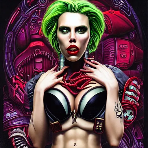 Image similar to lofi scorn giger alien venom joker steampunk portrait of scarlett johansson in bikini, Pixar style, by Tristan Eaton Stanley Artgerm and Tom Bagshaw.