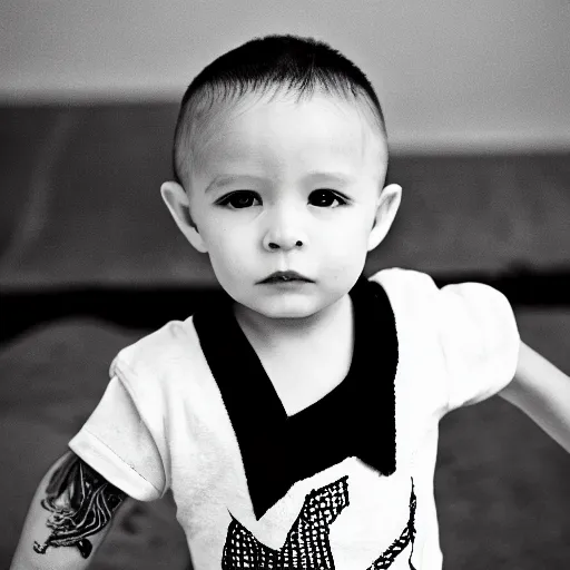 Image similar to the face of punk rock alien at 2 years old wearing balenciaga clothing, black and white portrait by julia cameron, chiaroscuro lighting, shallow depth of field, 8 0 mm, f 1. 8