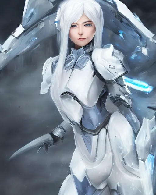 Image similar to perfect white haired girl, warframe armor, beautiful, dreamy, half asian, pretty face, blue eyes, detailed, windy weather, scifi platform, laboratory, experiment, 4 k, ultra realistic, epic lighting, cinematic, high detail, masterpiece, art by akihito tsukushi, akasuki voidstar