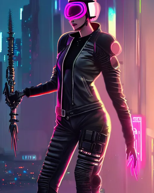 Image similar to concept art of a cyber punk girl wearing a black leather jacket with neon spikes, wearing a futuristic biker helmet, holding a futurstic cyberpunk weapon, standing in a busy cyberpunk city center | | epic - fine - trending on artstation, brush strokes