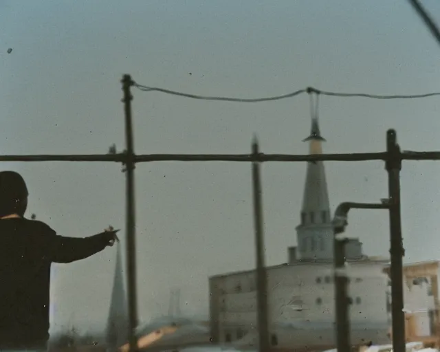 Image similar to lomo photo of man standing on the roof of soviet hrushevka, small town, cinestill, bokeh, out of focus