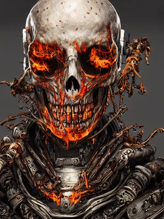 Prompt: portrait art of 8k ultra realistic undead corrupted flaming skull , detailed intricate ornate armour,decaying, cybernetic, full of colour, cinematic lighting, battered, trending on artstation, 4k, hyperrealistic, focused, extreme details,unreal engine 5, cinematic, masterpiece, art by ayami kojima, giger
