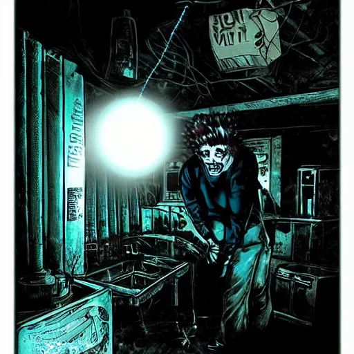 Prompt: a mad scientist in his secret laboratory with neon glow in the dark light drawn by comic book artist lee bermejo comics, volumetric fog, scary and eerie, ominous environment, backlit, edge lighting,