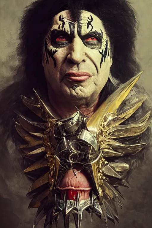 Image similar to gene simmons, sorcerer, lord of the rings, tattoo, decorated ornaments by carl spitzweg, ismail inceoglu, vdragan bibin, hans thoma, greg rutkowski, alexandros pyromallis, perfect face, fine details, realistic shaded