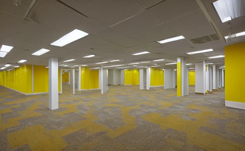 Image similar to 1 9 9 0 s empty rooms and a long corridor interior, office building, bright yellow wallpaper, vhs style, suspended ceiling, bright fluorescent light, light brown moist carpet