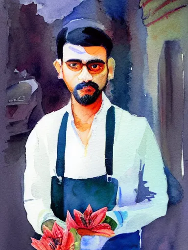 Image similar to water color painting, artwork by saul leiter, of a solo individual portrait of an indian guy holding lilies, dapper, simple illustration, domestic, nostalgic, full of details, matte painting, trending on artstation and unreal engine