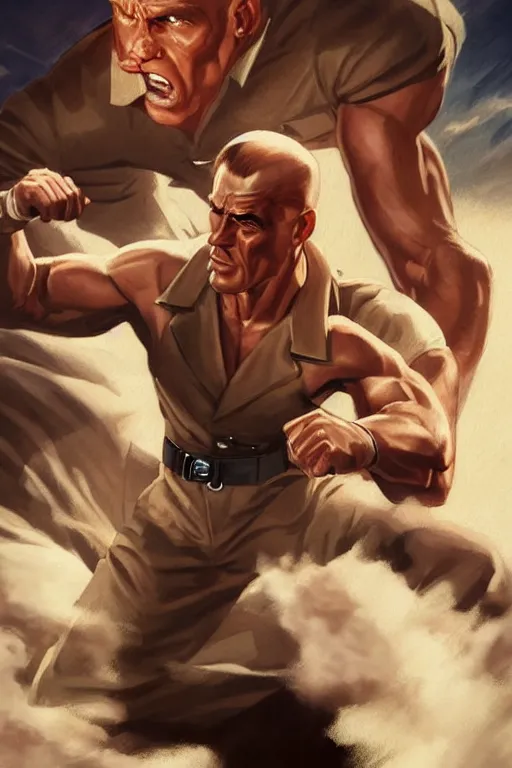 Prompt: vintage photograph of doc savage punching hitler clear detail, photorealistic, drawn by eric anthony johnson ericanthonyj artstation artgerm greg rutkowski and magali villeneuve 8 k subsurface scattering, hd, 8 k resolution, award winning photo, epic digital art