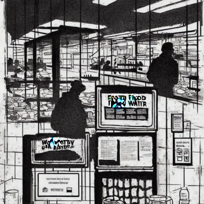 Image similar to poor quality food, water, and gruel : on a table. inside a dirty automated kiosk. bright tasty food options displayed on a wall. black tiles on walls. black and white, pencil and ink. by gabriel hardman, joe alves, chris bonura. cinematic atmosphere, detailed and intricate, perfect anatomy