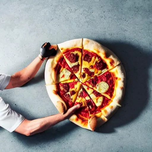 Prompt: photo of an eagle with a little chef hat stretching a pizza dough into a base with its talons