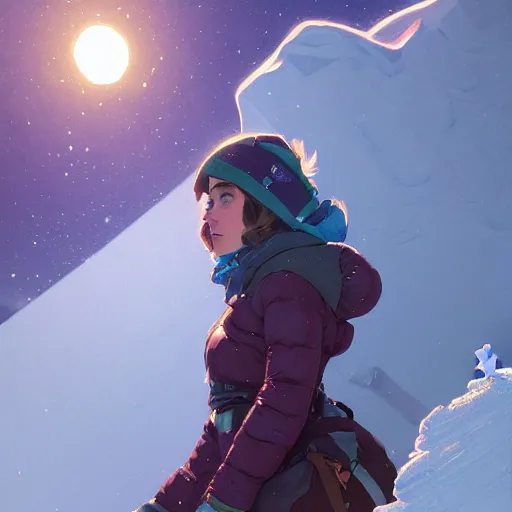 Image similar to portrait of madeline from celeste climbing a snowy mountain, bubble jacket, highly detailed, digital painting, artstation, concept art, sharp focus, illustration, art by greg rutkowski and alphonse mucha