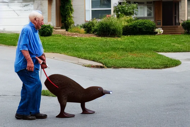 Prompt: Old man walking his platypus on a residential street