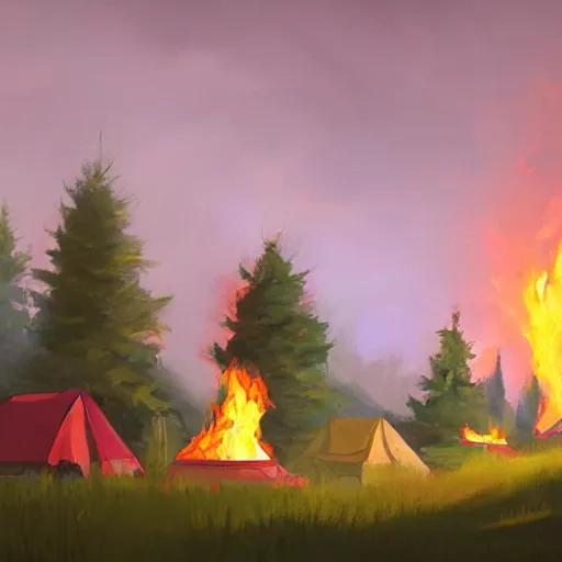 Prompt: a camp with tents on fire, burning down, shadows of 3 girls watching the camp burn, snow, dusk, painted by Sylvain Sarrailh, trending on Artstation