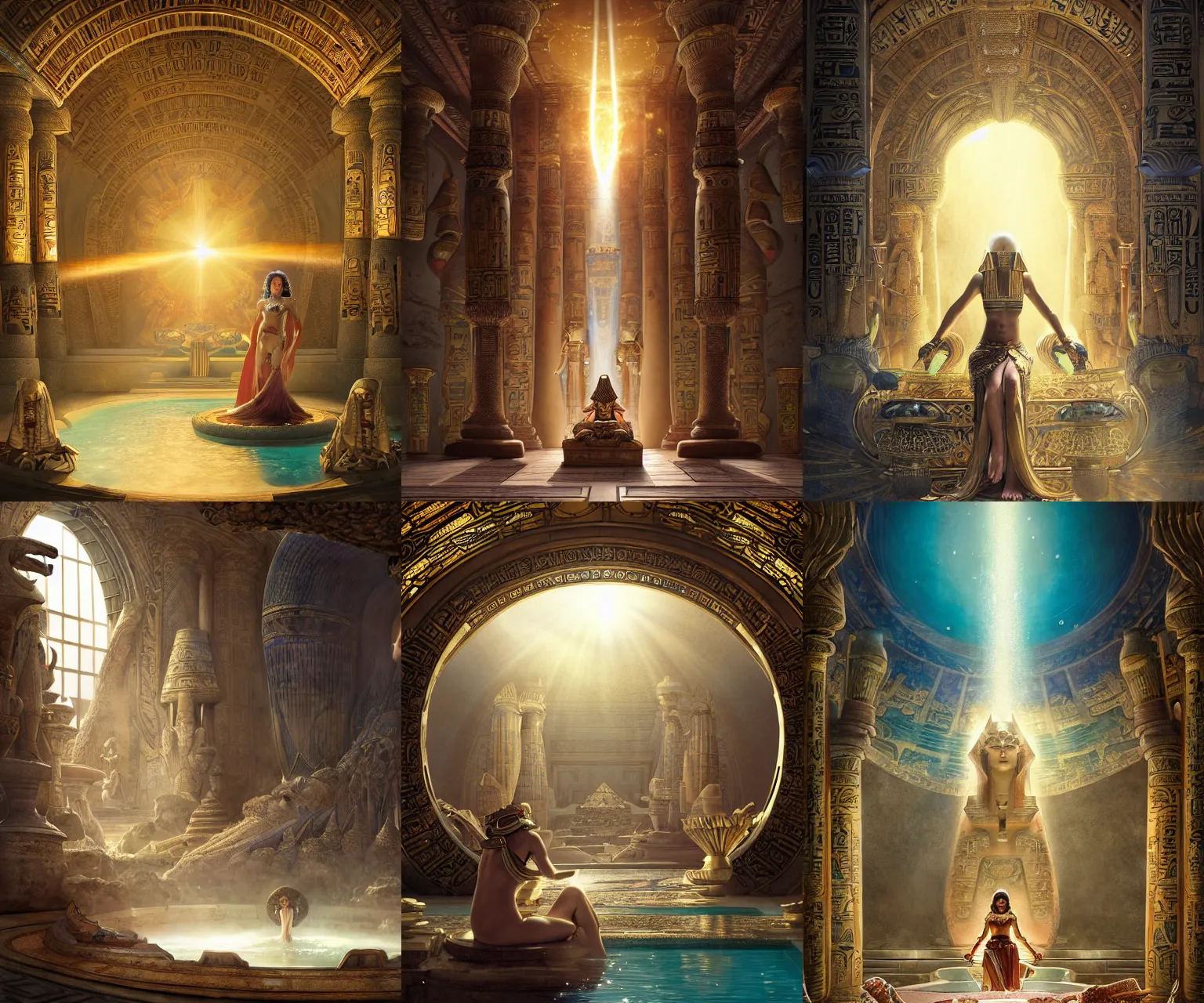 Prompt: fantasy movie scene noriyoshi ohrai and mucha and canaletto detailed digital art of ornate and royal egyptian antechamber tomb, cleopatra in a circular pool with an erupting galaxy, epic atmosphere, sharp sunray lighting, cinematic lighting, fine details, 4 k, unreal engine, hyperrealism, cinematic composition, blender render, realistic, detailed textures, very wide shot