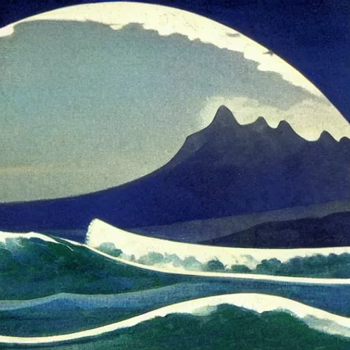 Prompt: huge wave tsunami small boat starry background mountain in the style of Winslow Homer