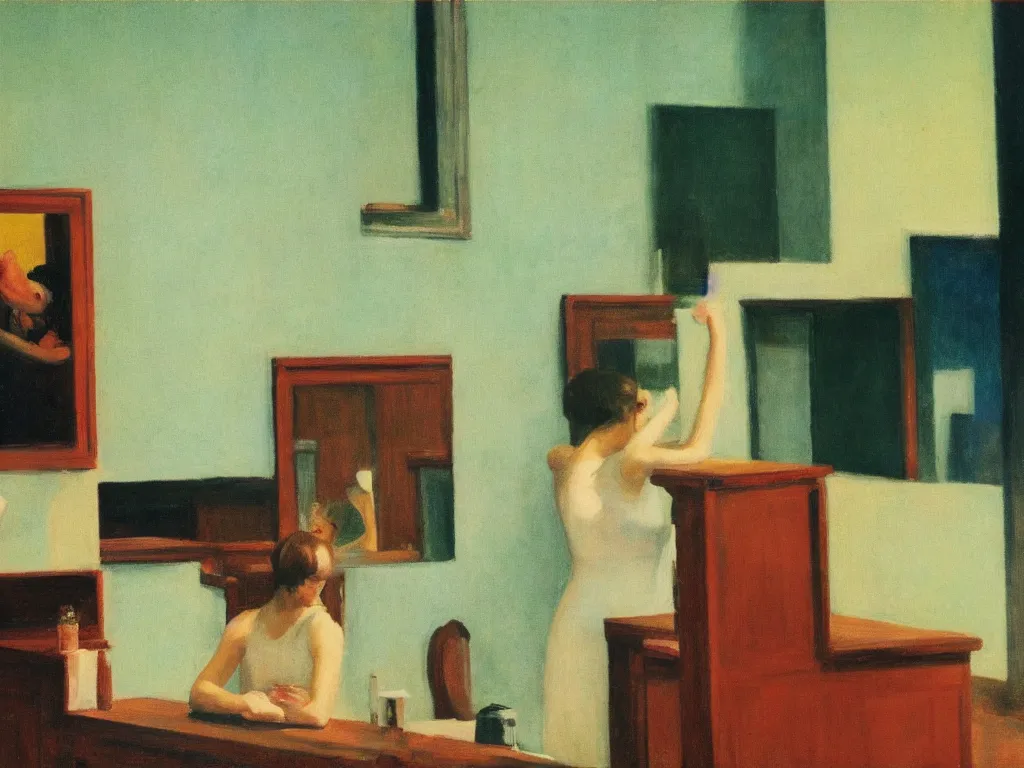 Prompt: America them great looking at itself in the mirror, edward hopper, color grain 35mm