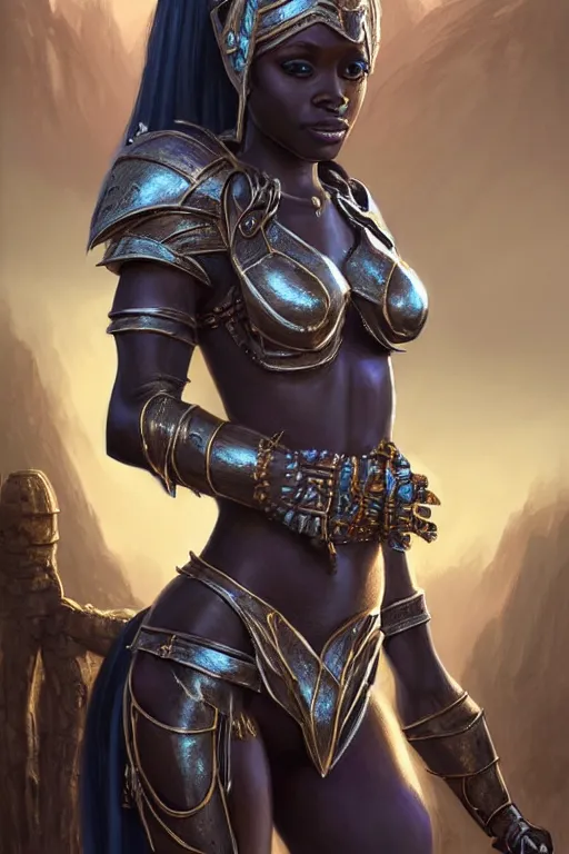 Image similar to african drow princess, wearing armour, highly detailed, d & d, fantasy, highly detailed, digital painting, trending on artstation, concept art, sharp focus, illustration, global illumination, ray tracing, realistic shaded, art by artgerm and greg rutkowski and thomas cole and wayne barlowe