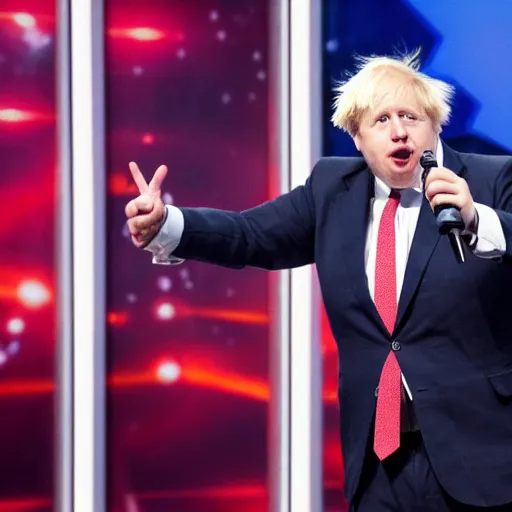 Image similar to boris johnson singing with a microphone on americas got talent, tomatoes and anchors being thrown at him, 4 k photograph