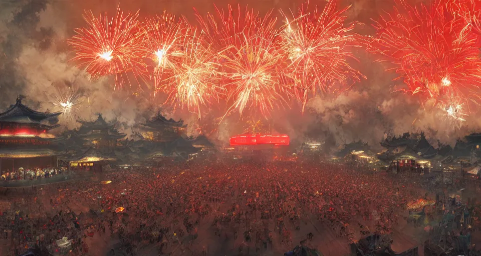 Image similar to craig mullins and ghibli digital art of zhongyuan festival in china ， red lanterns in the sky, black night sky, stars, fireworks, below is the crowd, fireworks, rivers, villages ， unreal engine, hyper realism, realistic shading, cinematic composition, realistic render, octane render, detailed textures, photorealistic, wide shot