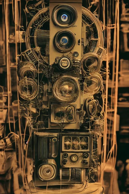 Image similar to a photo taken by someone who doesn't know how to use a camera, the most complex kodak camera ever made with vacuum tubes, capacitors and coils inside, through a dirty store window by Wes Anderson, grungy, weathered Ultra detailed, hyper realistic, 4k