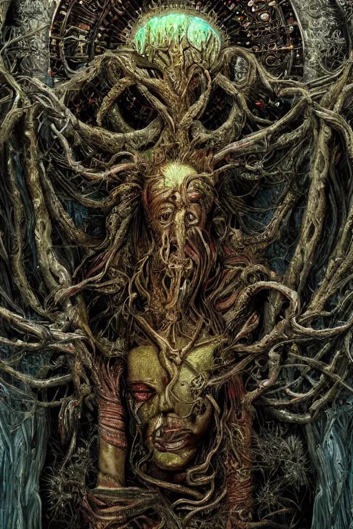 Image similar to 8k overdetailed maximalist ent darkfantasy art by oleksandra shchaslyva cinematic symmetric portrait of an ancient ent god emperor. Centered, uncut, unzoom charachter illustration. Ayahuasca visual manifestation. Surreal render, ultra realistic, zenith view. Inspired by giger feat peter gric and bekinski. Overpainted by salviadroid. Extremely ornated. artstation, cgsociety, unreal engine, ray tracing, detailed illustration, hd, 4k, digital art, overdetailed art. Intricate omnious visionary darkscifi fantastic realism concept art. complementing colors. Trending on artstation, deviantart