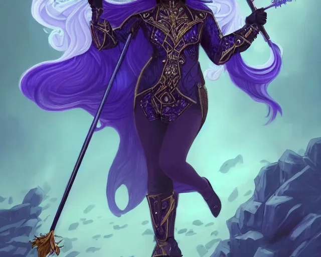 Prompt: beyonce as a wizard, purple streaks in hair, bat hovering on her shoulder, blue clothing, holding a staff, deep focus, d & d, fantasy, intricate, elegant, highly detailed, digital painting, artstation, concept art, matte, sharp, illustration, hearthstone, art by artgerm and greg rutkowski and alphonse mucha