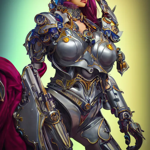 Image similar to studio portrait of lawful good colorful female holy mecha paladin absurdly beautiful, elegant, young curvy bikini model, ultrafine hyperrealistic detailed face illustration by kim jung gi, irakli nadar, intricate linework, sharp focus, bright colors, matte, octopath traveler, final fantasy, unreal engine highly rendered, global illumination, radiant light, intricate environment