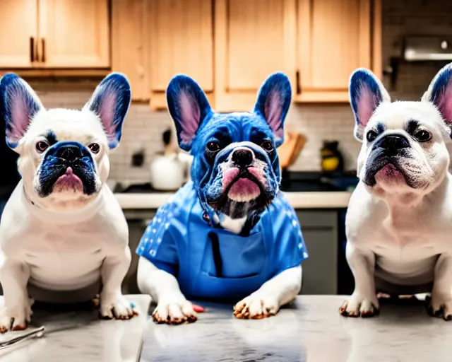 Prompt: a 8k highly detailed still photo by David Bailey of Two blue merle French Bulldogs in chef hats and aprons starring on a cooking show, a high end kitchen in the background