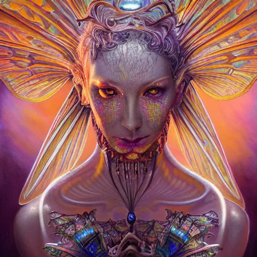 Image similar to beautiful closeup portrait of an art deco fairy queen, glowing eyes. reflective detailed textures, moth wings, highly detailed dark fantasy science fiction painting by donato giancola and peter mohrbacher and diego rivera, elaborate geometric ornament, ancient runes, silver and cool colors. artstation