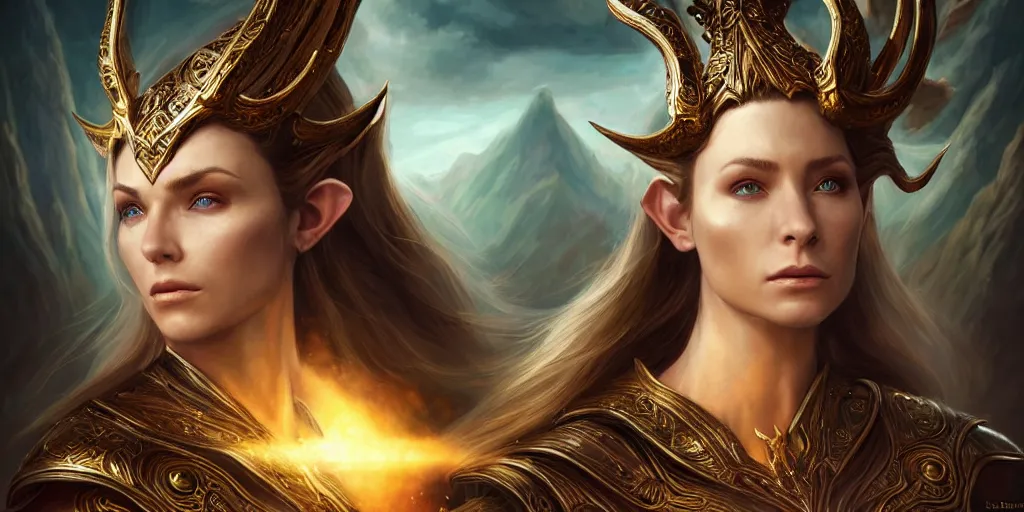 Image similar to Majestic and regal portrait of a riveting and awe inspiring female High Elf nobility, fantasy mountainous background, intricate, epic, elegant, menacing, fantasy, photo realistic, digital painting, hard focus, beautiful volumetric lighting, epic light, ultra detailed, by Leesha Hannigan, Ross Tran, Thierry Doizon, Kai Carpenter, Ignacio Fernández Ríos